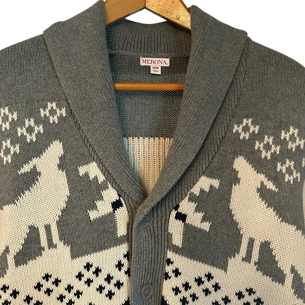 Merona Fair Isle cardigan sweater men's Size‎ M gray blue shawl collar
